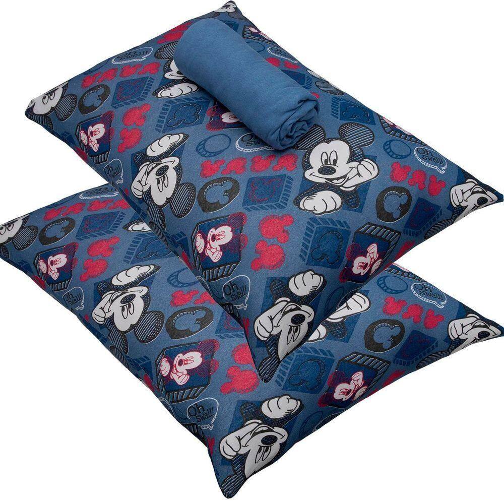 Jogo De Cama Portallar Casal Malha 100% Algodão Disney Mickey Simpático 3 Peças Azul