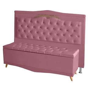 Kit Cabeceira De Cama Box E Calçadeira Baú Madri Queen 160 Cm Suede Rosa Bebê Eli Móveis E Decoração