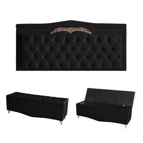 Kit Helena Cabeceira De Cama Painel E Calçadeira Baú King 195 Cm Suede Preto Eli Móveis E Decoração