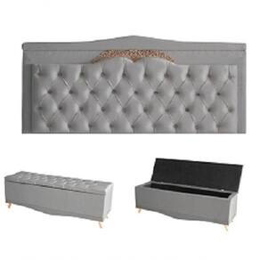 Kit Helena Cabeceira De Cama Painel E Calçadeira Baú Queen 160 Cm Suede Prata Eli Móveis E Decoração