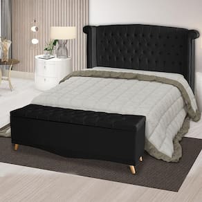 Kit Cabeceira De Cama Box E Calçadeira Baú Malibu King 195 Cm Suede Preto Eli Móveis