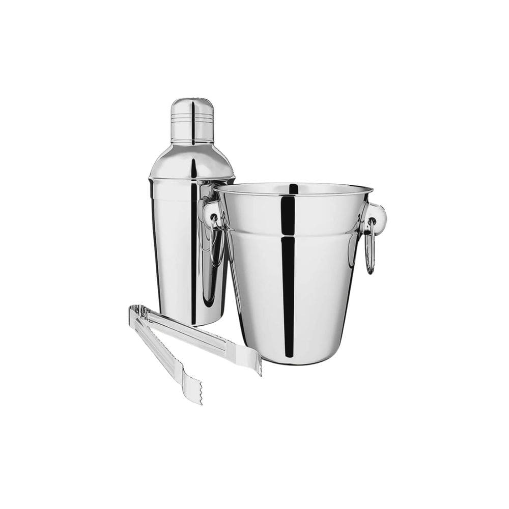 Conjunto Balde P/ Gelo Coqueteleira Pegador Inox Kit 3 Peças