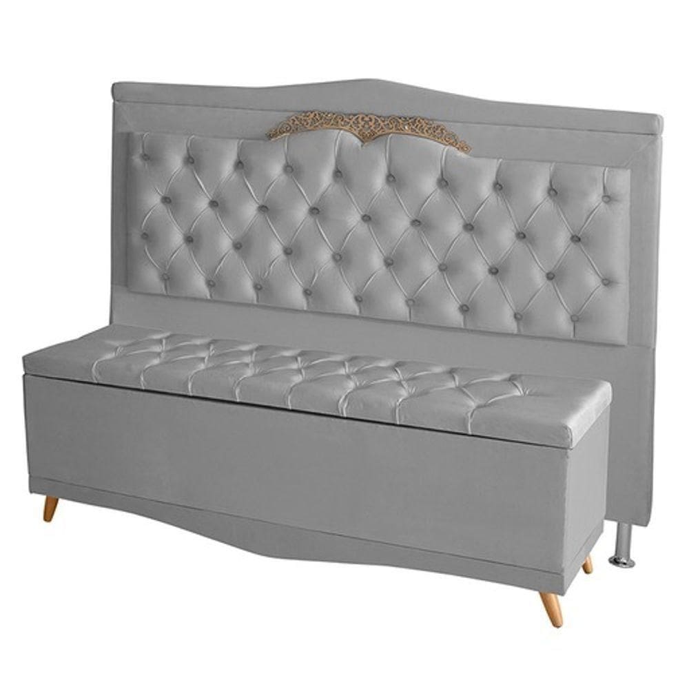 Kit Cabeceira De Cama Box E Calçadeira Baú Madri Queen 160 Cm Suede Prata Eli Móveis E Decoração