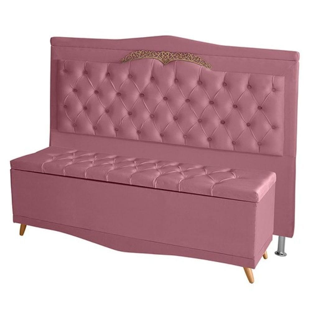 Kit Cabeceira De Cama Box E Calçadeira Baú Madri King 195 Cm Suede Rosa Bebê Eli Móveis E Decoração