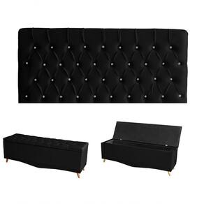 Kit Estrela Cabeceira De Cama Painel E Calçadeira Baú Botão Cristal Queen 160 Cm Suede Preto Eli Móveis E Decoração