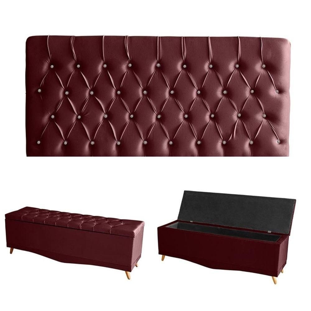 Kit Estrela Cabeceira De Cama Painel E Calçadeira Baú Botão Cristal Queen 160 Cm Suede Bordo Eli Móveis E Decoração