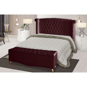 Kit Cabeceira De Cama Box E Calçadeira Baú Malibu Queen 160 Cm Suede Bordo Eli Móveis