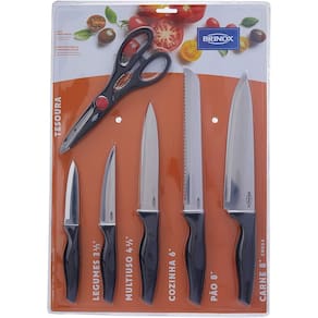 Conjunto Facas 6 Peças Cross Brinox Preto Aço Inox Polido