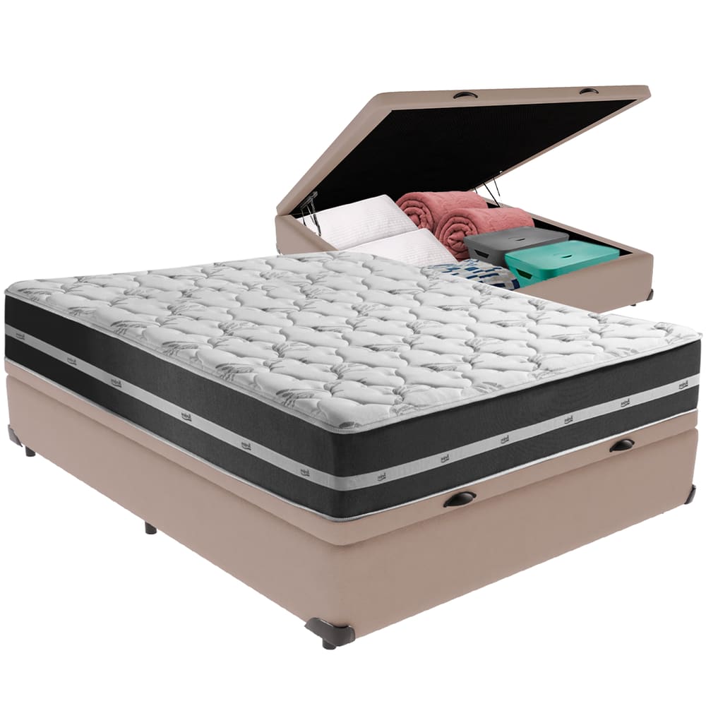 Cama Box Baú Bege e Colchão Classic Preto Molas ensacadas Casal Anjos