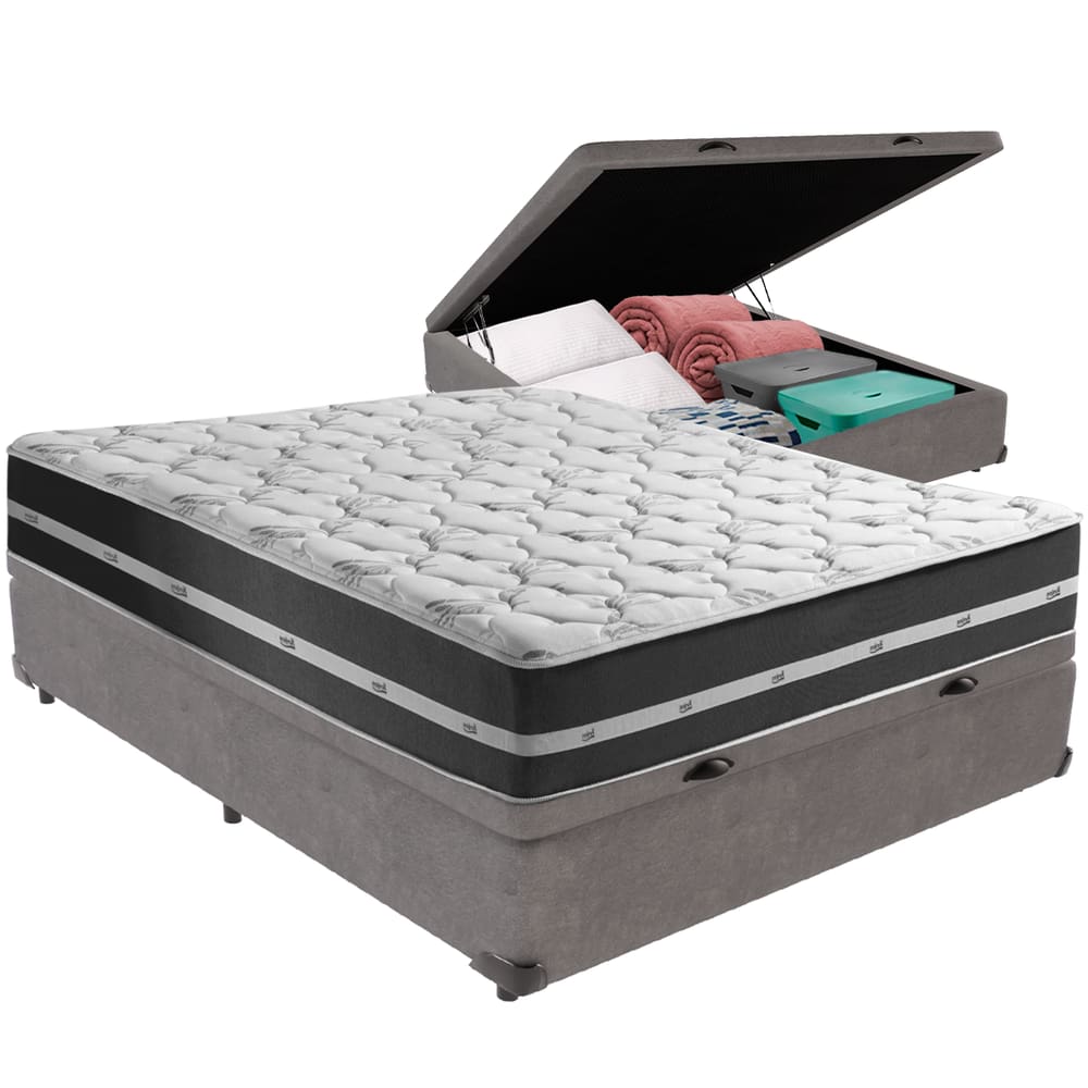 Cama Box Baú Cinza e Colchão Classic Preto Molas ensacadas Casal Anjos