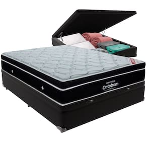 Cama Box Baú Preto e Colchão Elegant Molas Ensacadas Casal Ortobom