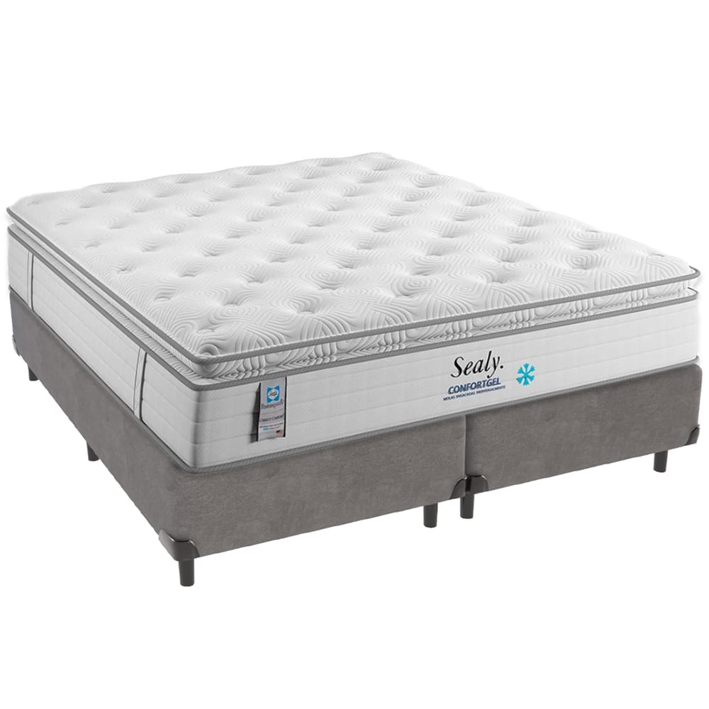Cama Box Cinza e Colchão Confort Gel Molas Ensacadas com Pillow Top Queen Sealy