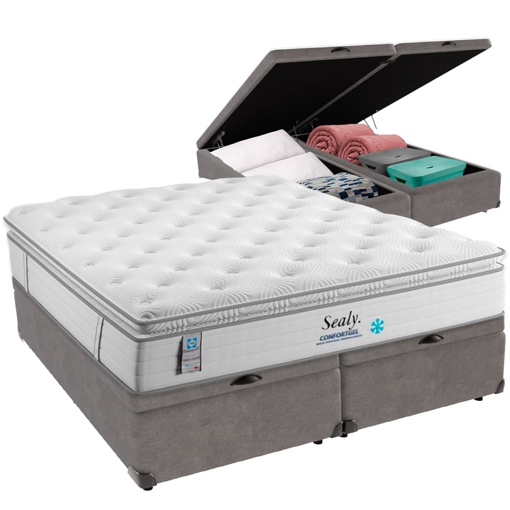 Cama Box Baú e Colchão Confort Gel Molas Ensacadas com Pillow Top Queen Sealy