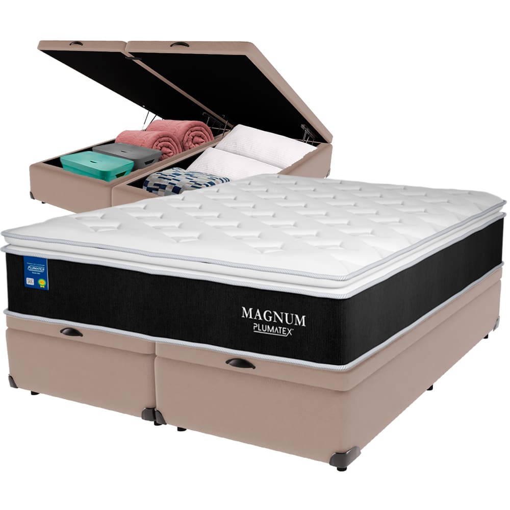 Cama Box Baú Bege e Colchão Magnum Molas Ensacadas Queen Plumatex