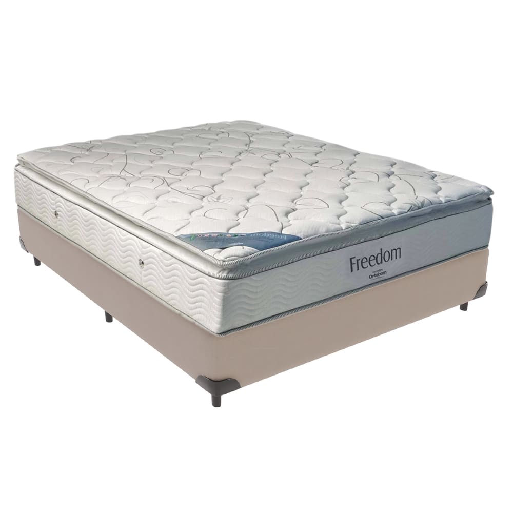 Cama Box Bege e Colchão Freedom Molas Ensacadas Casal Ortobom