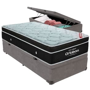 Cama Box Baú Cinza e Colchão Elegant Molas Ensacadas Solteiro Ortobom