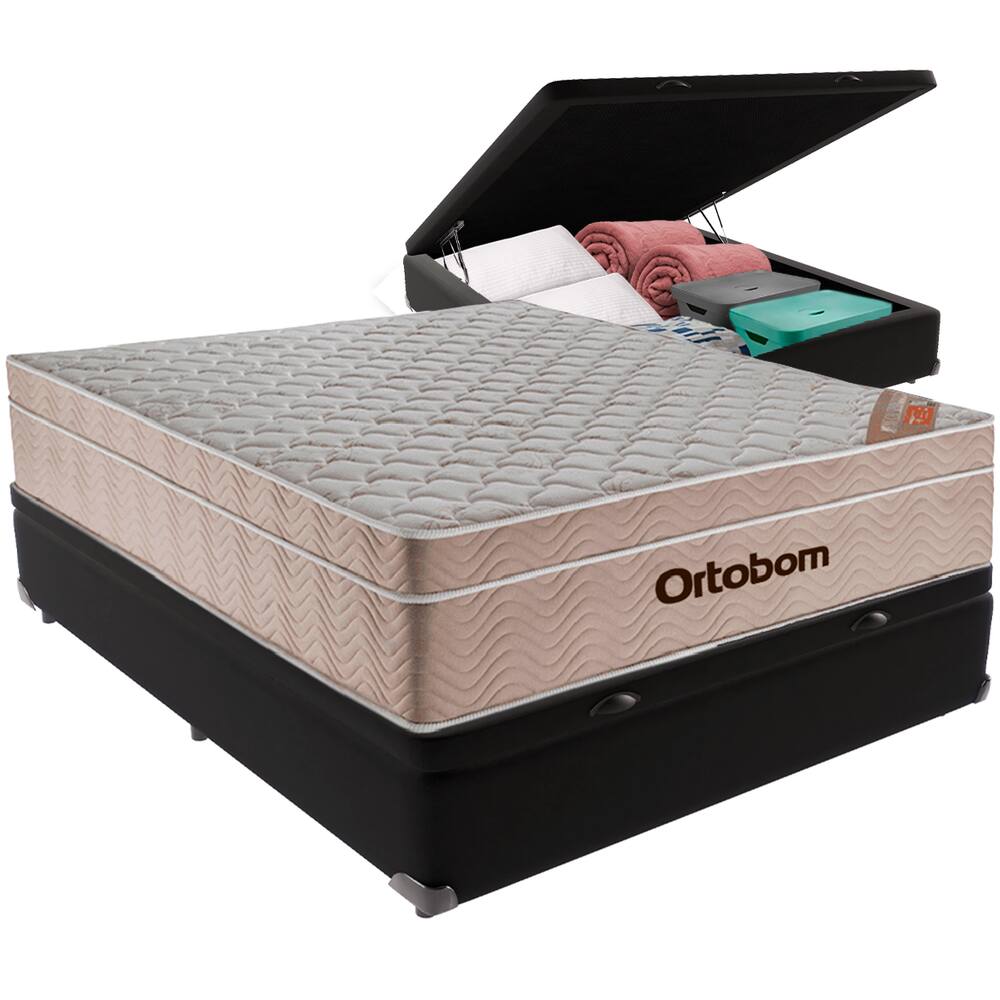 Cama Box Baú Preto e Colchão Airtech Spring Molas Ensacadas Viúvo Ortobom
