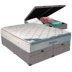 Cama Box Baú Cinza e Colchão Freedom Molas Ensacadas King Ortobom