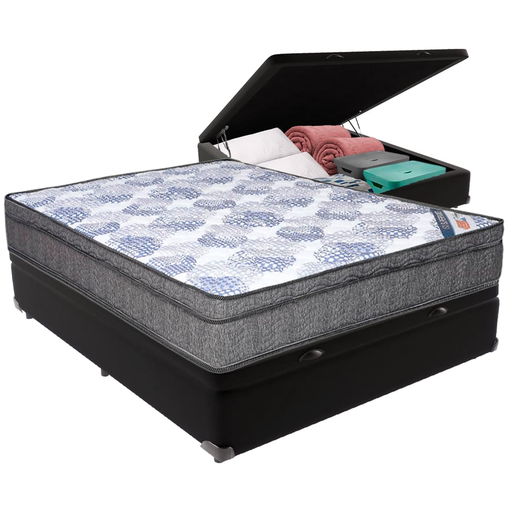 Cama Box Baú Preto e Colchão ISO Molas Ensacadas Casal Ortobom