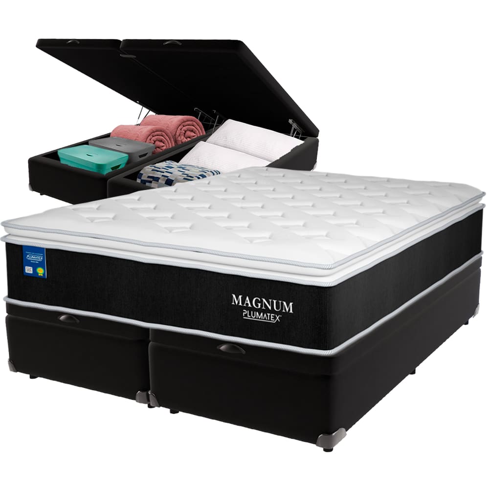 Cama Box Baú e Colchão Magnum Molas Ensacadas Queen Plumatex
