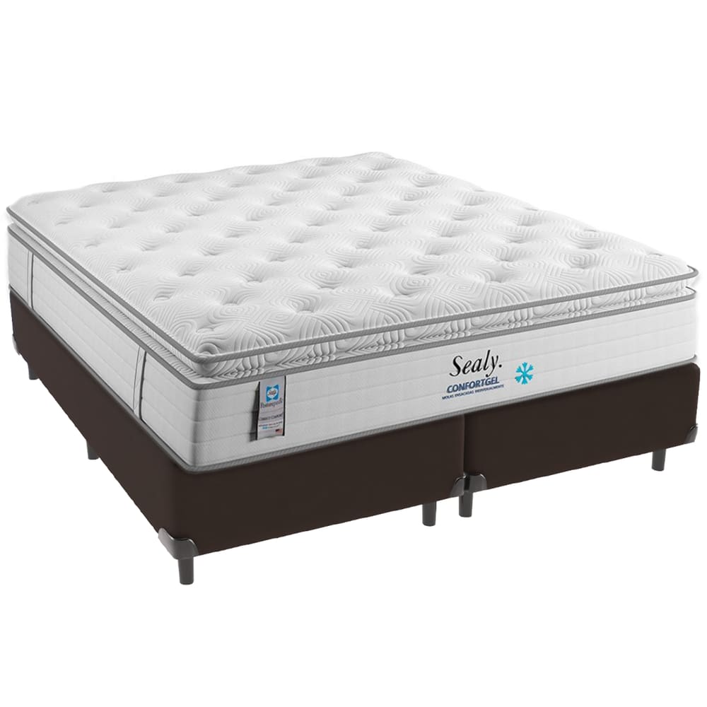 Cama Box Marrom e Colchão Confort Gel Molas Ensacadas com Pillow Top Queen Sealy