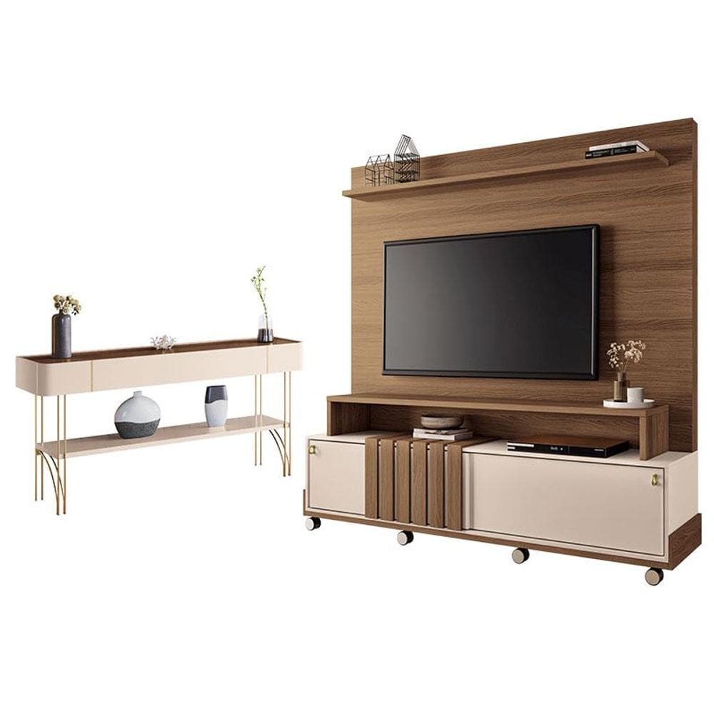 Estante Home Theater Bold e Aparador Vivant Castanho Off White - HB Móveis