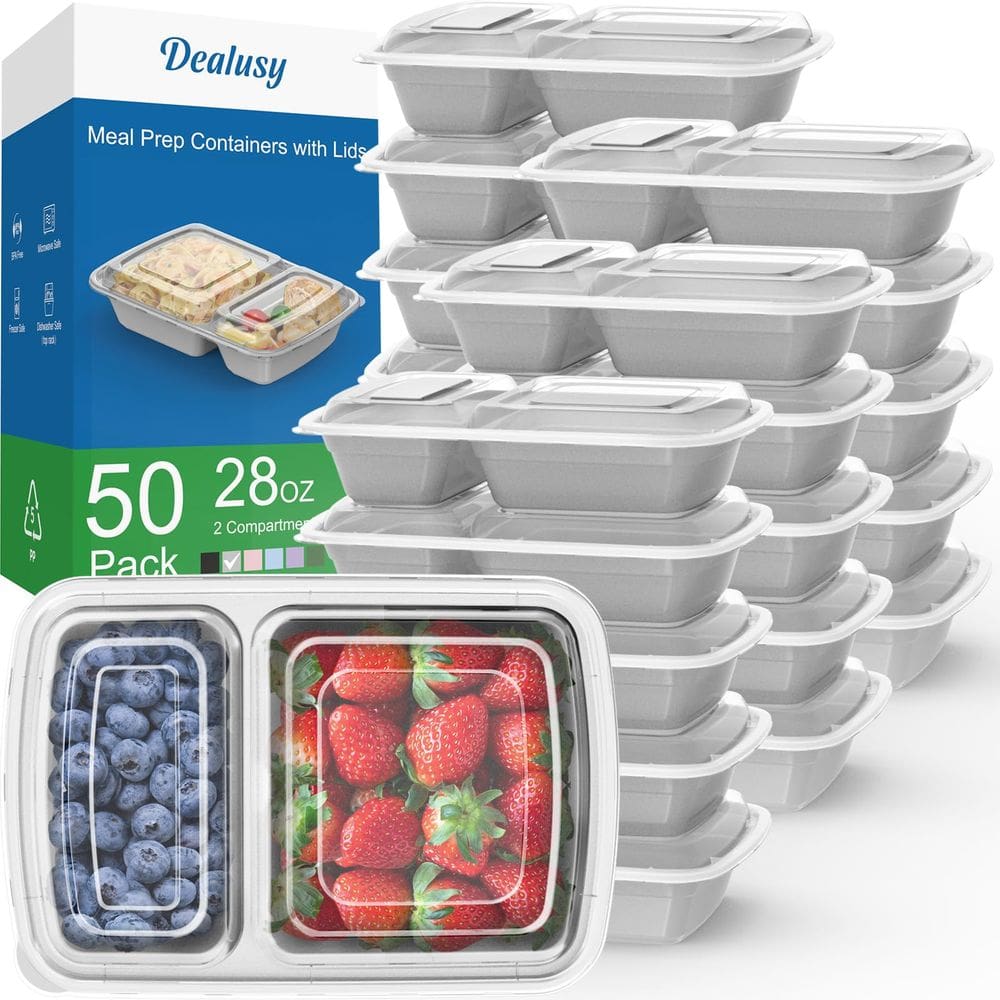 Recipientes de preparação de refeições Dealusy 28 onças com 2 compartimentos x50 com tampas