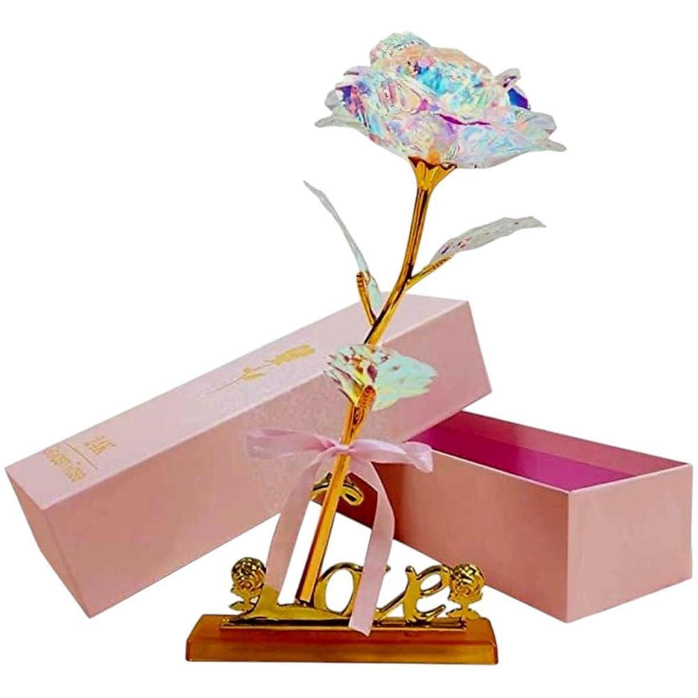 Rosa Branca Brilhante Artificial 24K Folha Plástico Caixa