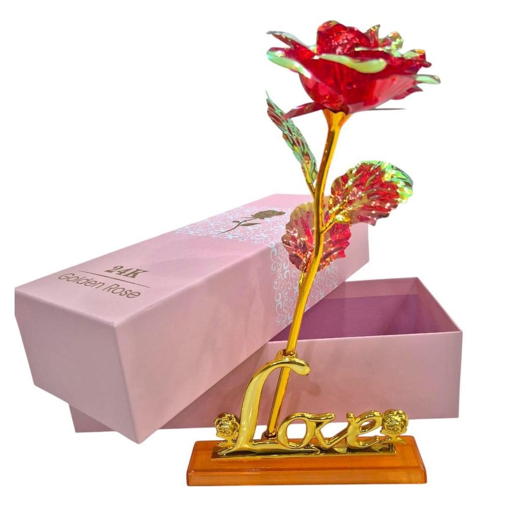 Rosa Vermelha Brilhante Flor Artificial 24K Folha Plástico
