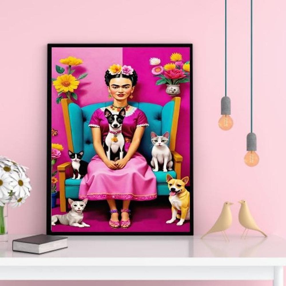 Quadro Decorativo Frida Com Cães E Gatos 33X24Cm - Com Vidro