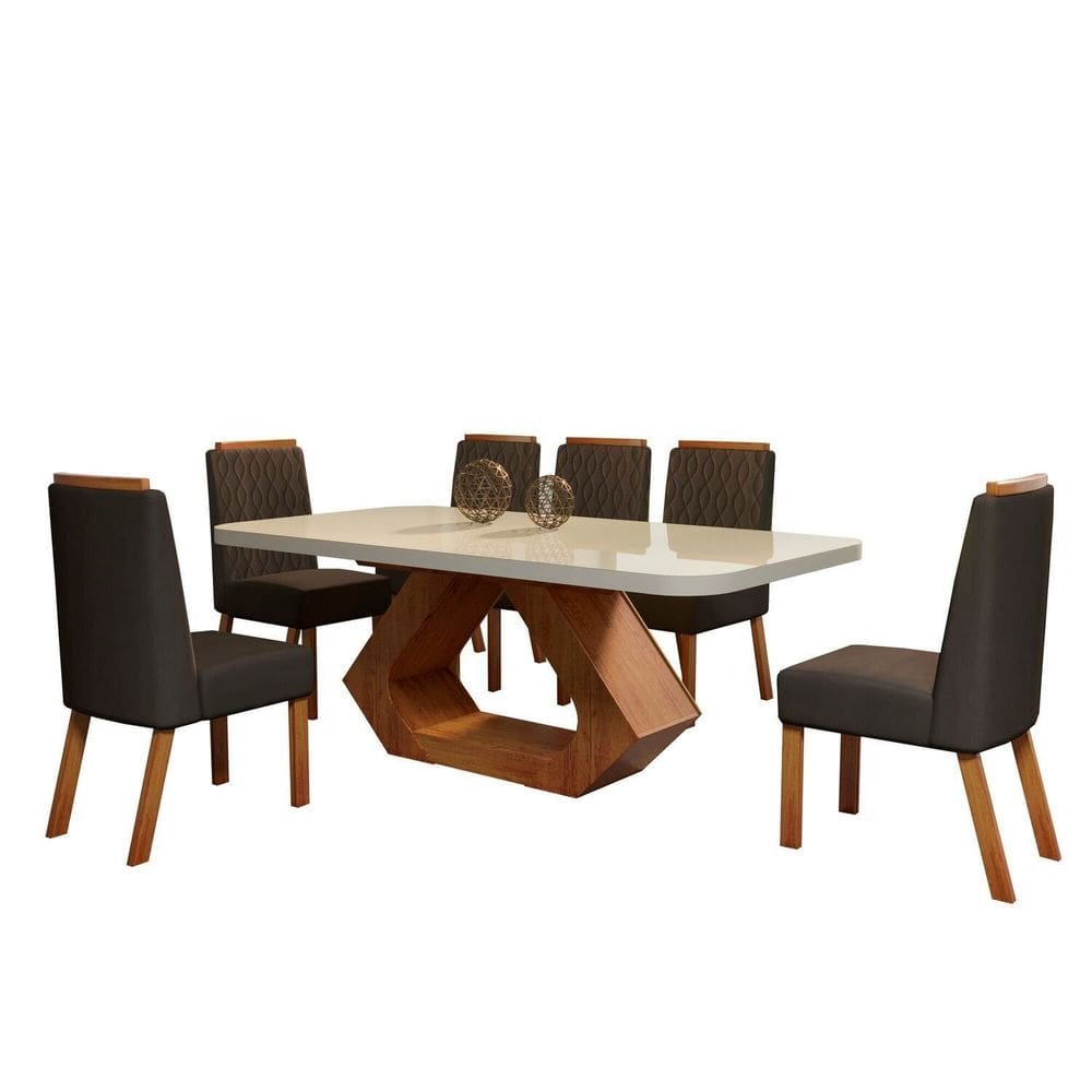 Conjunto Sala de Jantar com Tampo Mdf/vidro 160cmx80cm Mesa Lotus com 6 Cadeiras Viena Luxo Naturalle/Marrom