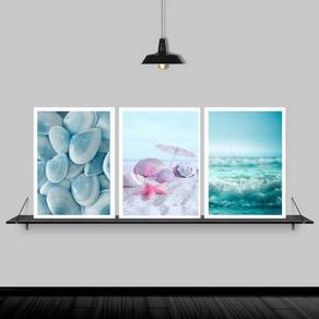 Kit 3 Quadros Praia Mar Azul E Rosa 45X34Cm