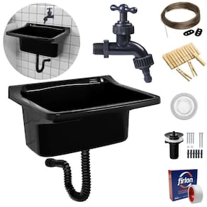 Tanque Lavanderia 34L Preto + Sifão Universal Sanfonado +