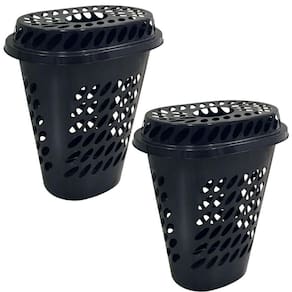 Kit 2 Cestos Elegance Para Roupas Com Tampa Preto Arqplast