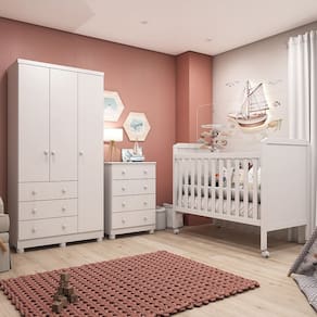Quarto de Bebê Completo com Berço Guarda-Roupa 3 Portas e Cômoda 100% MDF Ciranda Espresso Móveis Branco Brilho