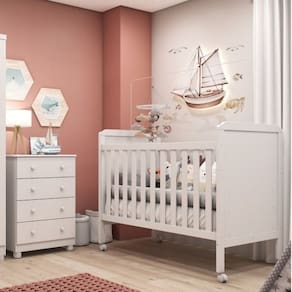Quarto de Bebê com Berço Minicama e Cômoda 4 Gavetas 100% MDF Ciranda Espresso Móveis Branco Brilho
