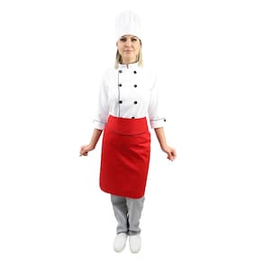 Kit chef cozinha feminino Dolmã manga 3/4 + Avental vermelho + Chapéu branco