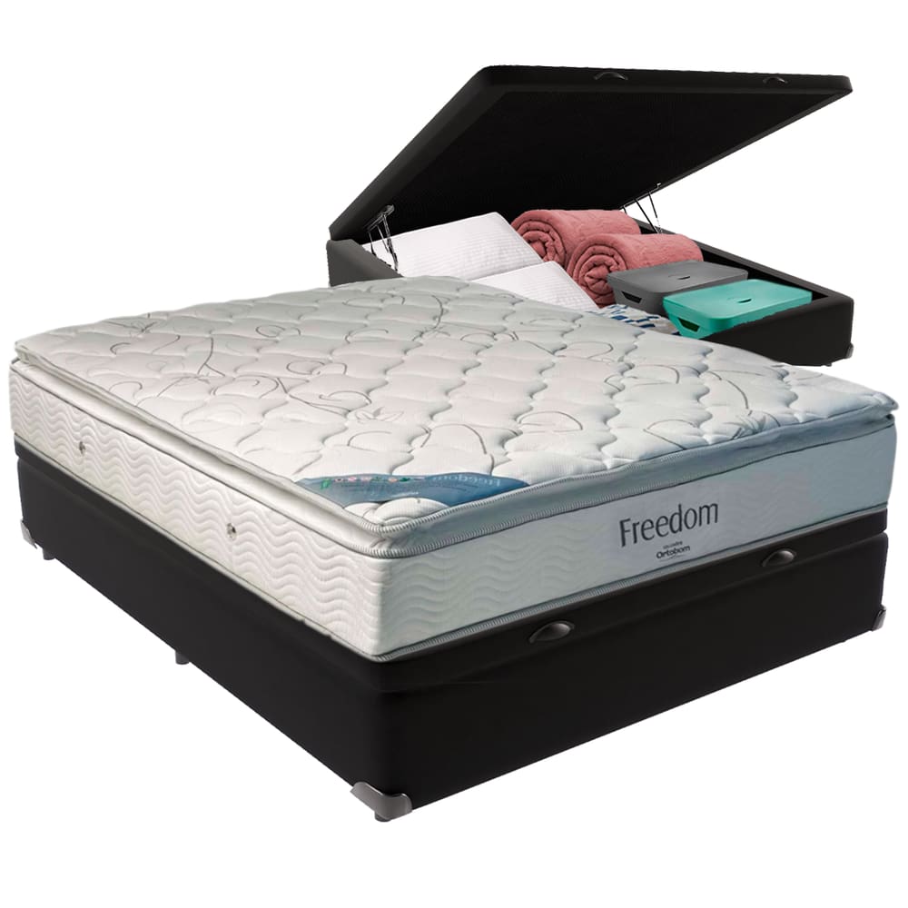 Colchão Casal Freedom Ortobom Base Box Baú Preto Espuma