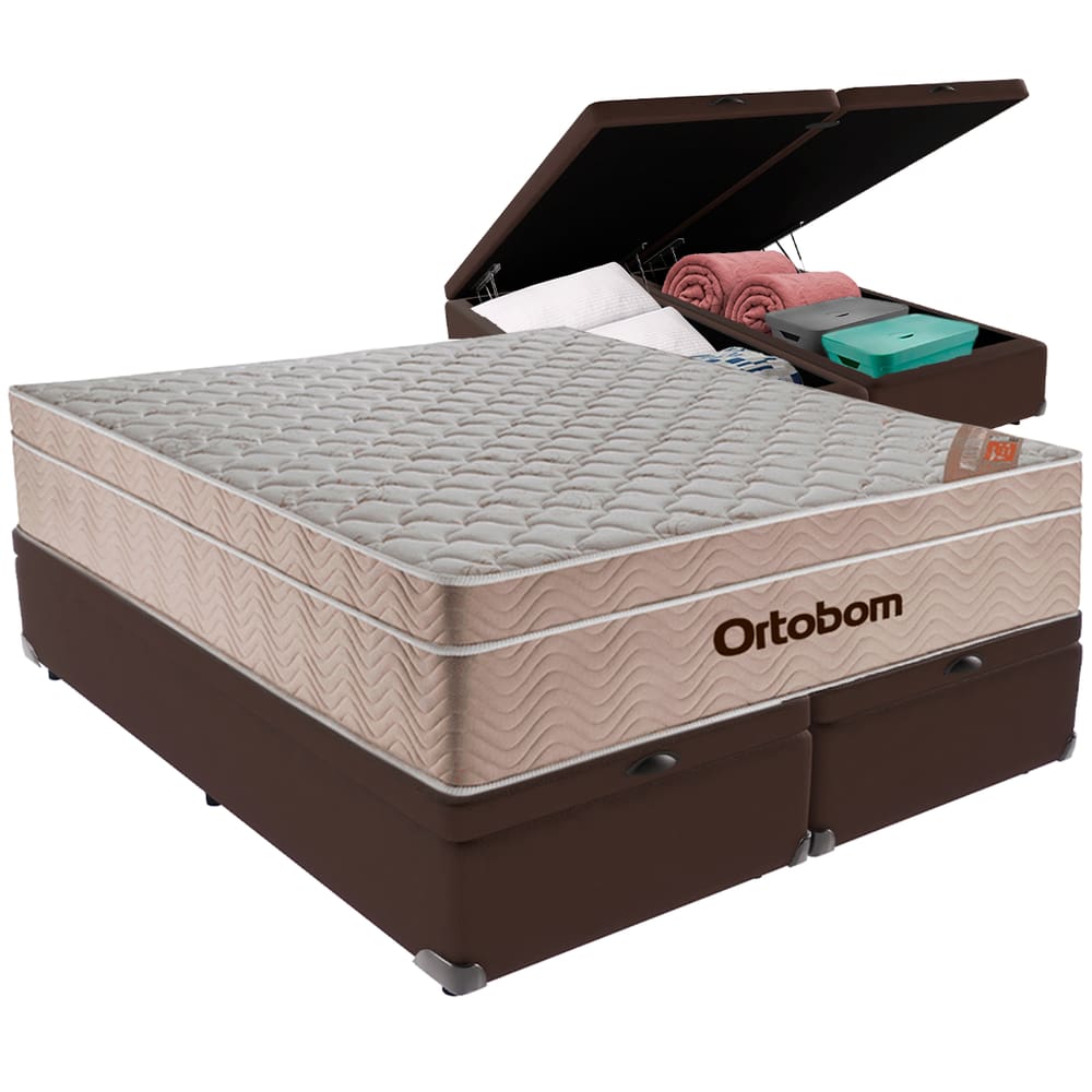 Cama Box Baú Marrom e Colchão Airtech Spring Molas Ensacadas Queen Ortobom