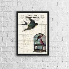 Quadro Pássaro Com Gaiola Vintage 33X24Cm Com Vidro - Preta
