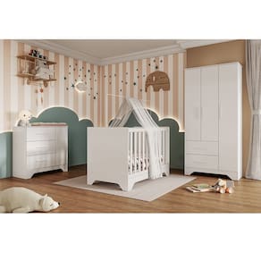 Quarto de Bebê Completo Guarda Roupa Cômoda e Berço 3 em 1 100 MDF Popy Móveis Peroba