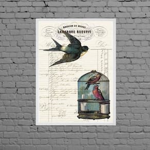 Quadro Pássaro Com Gaiola Vintage 33X24Cm Com Vidro - Branca