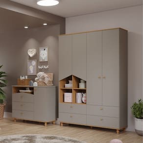 Quarto Bebê Cômoda e Guarda Roupa 4 Portas 2 Gavetas Casinha Permobili