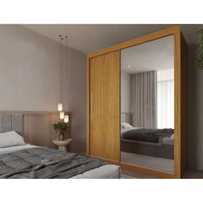 Guarda Roupa Solteiro Grande com Espelho 2 Portas 3 Gavetas Royale Gelius - Naturale / Off White  Flex  MDF