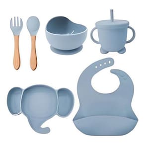 Kit Alimentação Bebê Silicone Prato Copo Talher - Azul-Claro