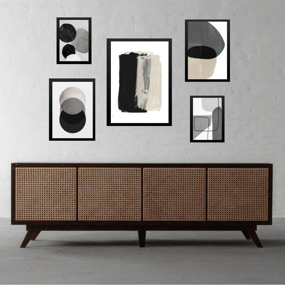 Kit 5 Quadros Abstratos Cinza Bege E Preto - Com Vidro