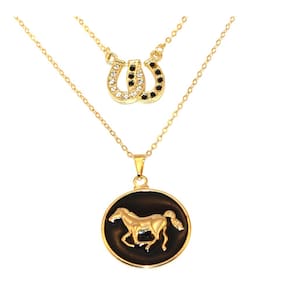 Colar Duplo Country Medalha Cavalo Ferradura Folheado 18k