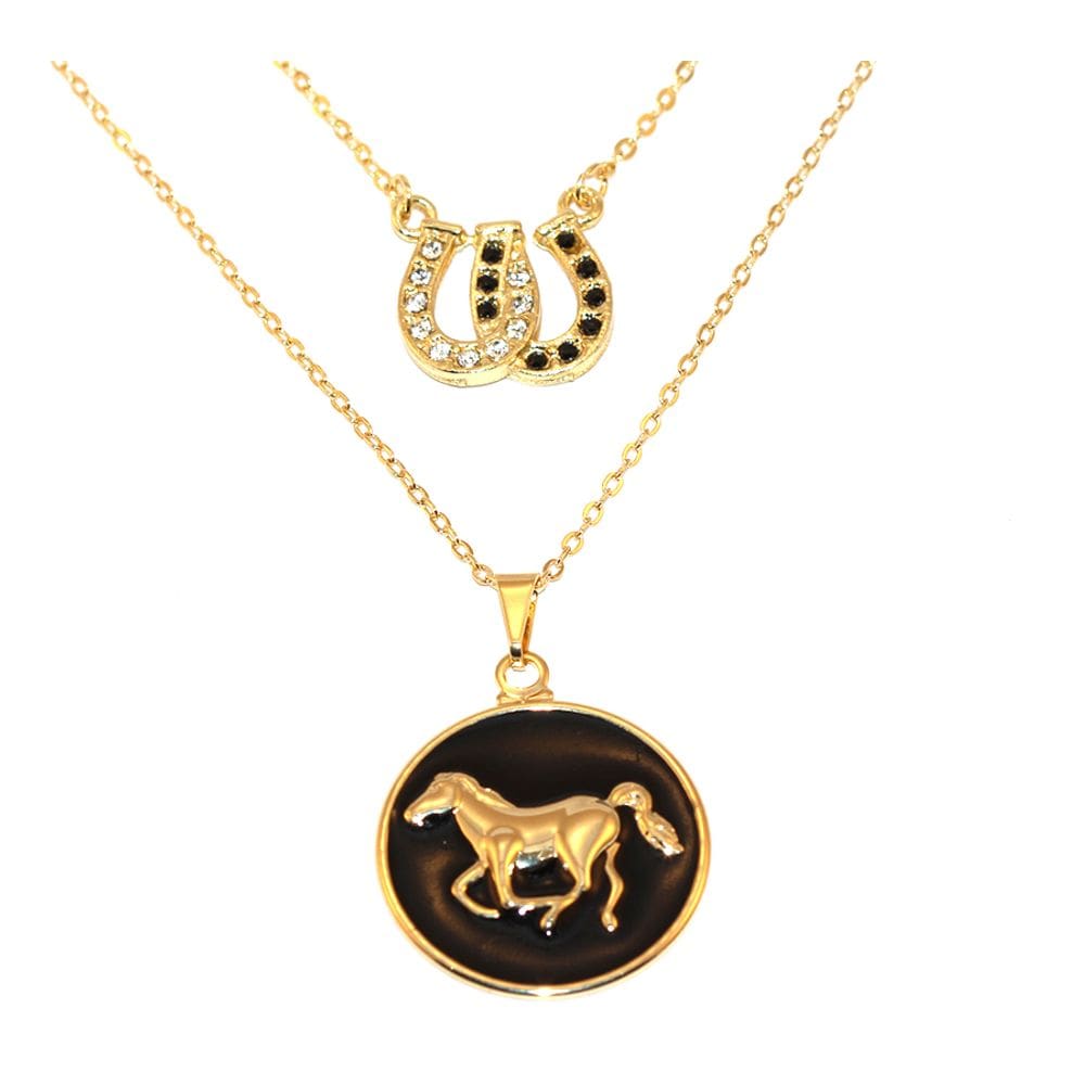 Colar Duplo Country Medalha Cavalo Ferradura Folheado 18k