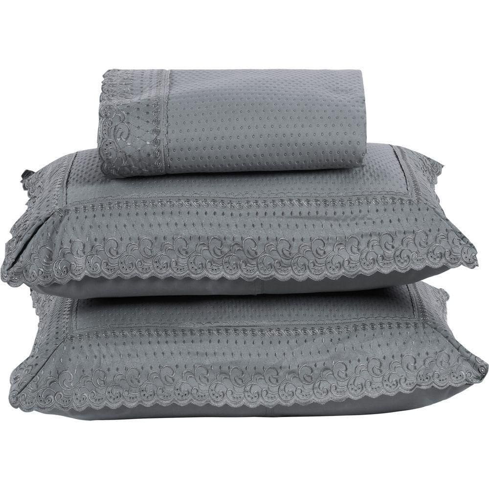 Colcha Queen Home Paris Com Bordado Inglês Micropercal 300 Fios Toque De Algodão 3 Peças - Chumbo