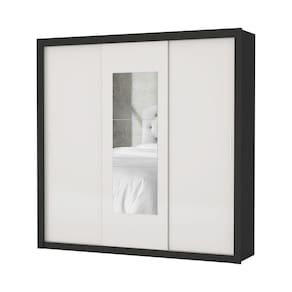 Guarda Roupa Roupeiro Clarice 3 Portas De Correr Com Espelho Central 4 Gavetas Carioca Preto Off White